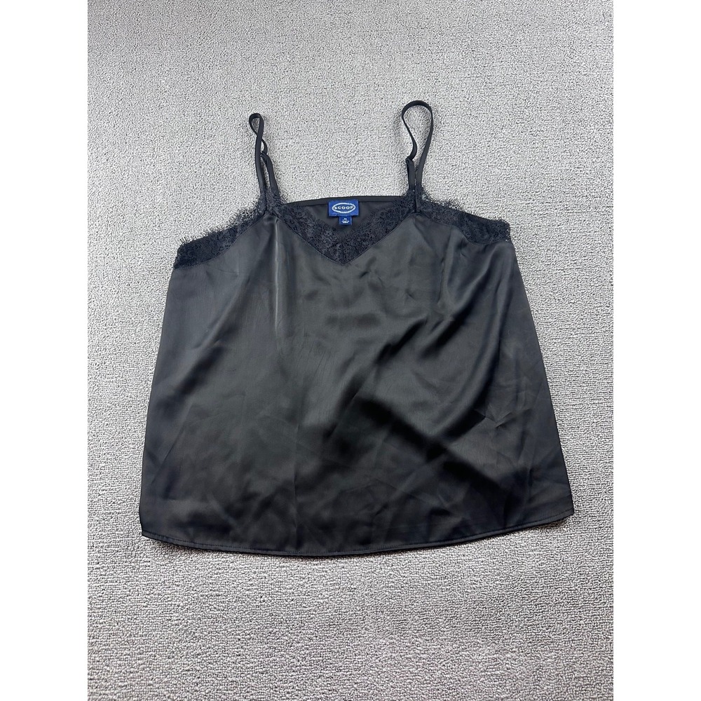 Scoop Camisole Women M Black Lace Trim Cami Top Satin V-Neck Boudoir Glam Goth